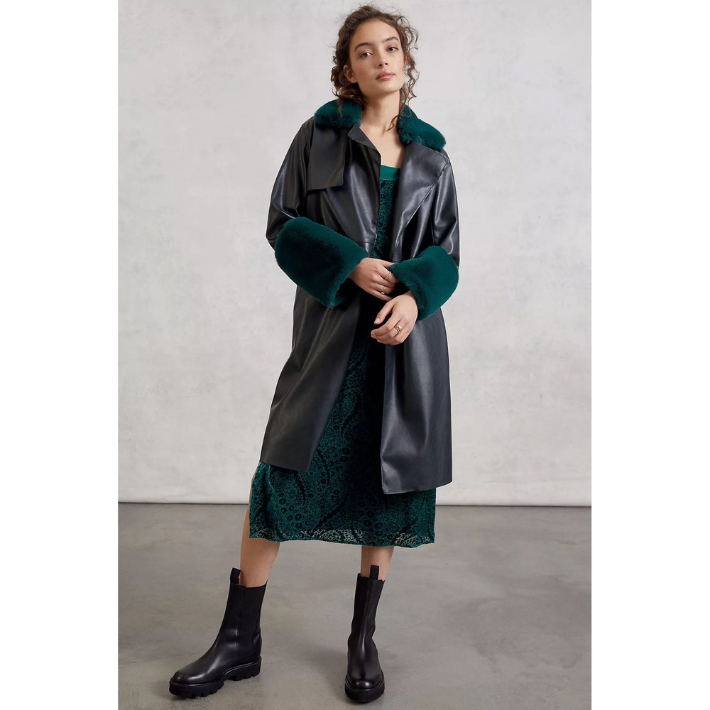 Blank NYC Black Faux Leather Trench Coat with Dark Green Fur Trim